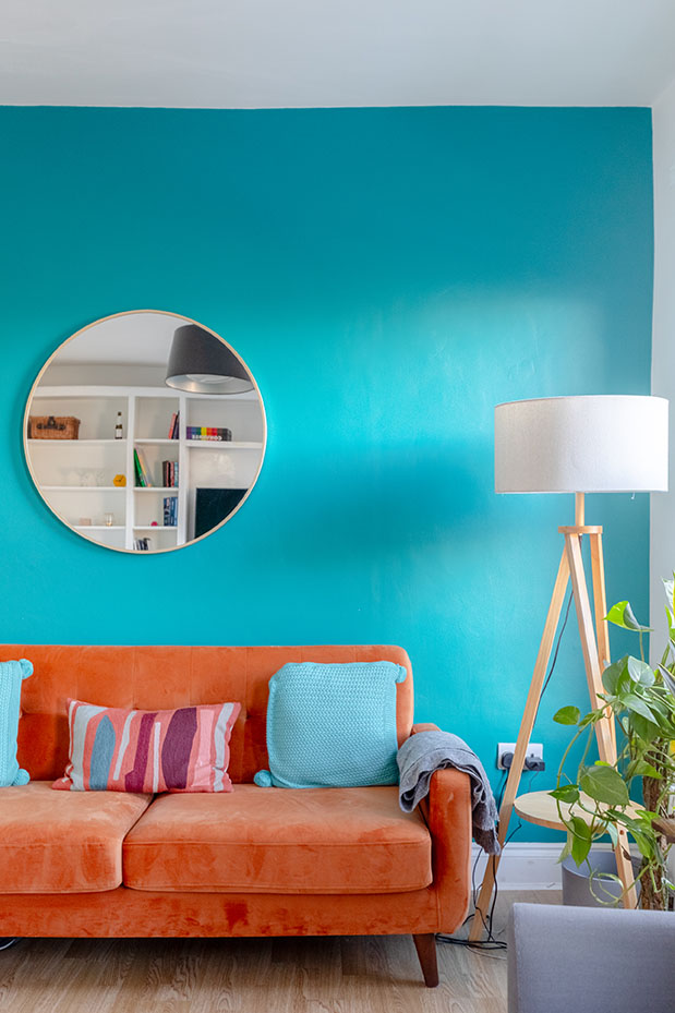 narrow frame of a vibrant coloured living room taken for property photography